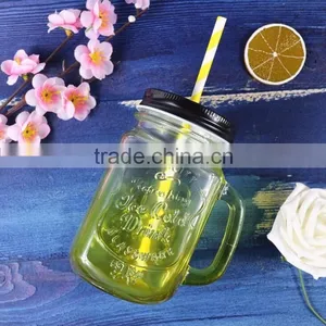 2016 Hot Sale Gifts & Crafts Silk Printing 450ml Glass Handled Drinking Jar Mason Mug & Straw Summer Cocktail Mason Jar Glass thumbnail-4