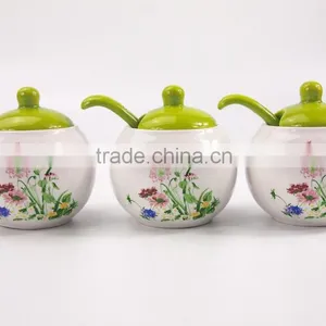 Set Of 3 White Flower Printed Round Ceramic Spice Container Spice Jar With Lid thumbnail-1