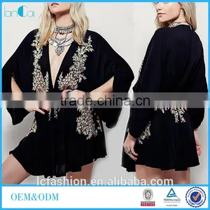 Wholesale V-neck Maxi Design Top Black Long Sleeve Embroidery Sexy Mini Top thumbnail-1