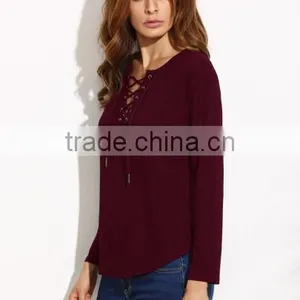 WOMEN'S APPAREL Burgundy Lace Up Long Sleeve T-shirt thumbnail-3