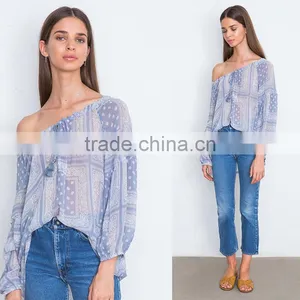 Fringed Drawstring Elastic Neckline Sheer Georgette Peasant Blouse thumbnail-6