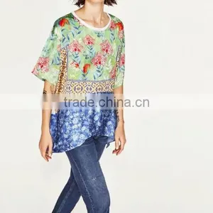 Women Summer Clothes Rinted Shivering Blue Satin Women Short Sleeve Shirt thumbnail-1