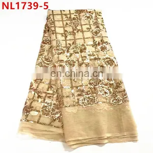 Flower Design African Lace Fabric Sequins Net Lace Fabric 5yard/ Pieces Tulle Net Lace Fabric for Women Dresses thumbnail-1