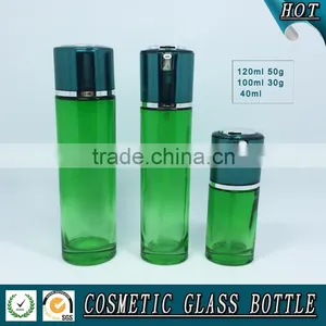 Green Colored Glass Pump Lotion Bottle and Cosmetic Glass Cream Jar thumbnail-2