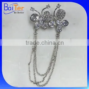 China Wholesale Custom Made Latest Brooch Design/Fashion CZ Wedding Butterfly Brooch With Chain thumbnail-1