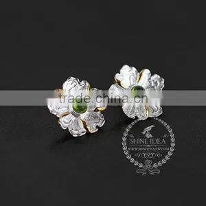 925 Sterling Solid Silver Peony Flower Green Yellow and Blue Tourmaline Earring Stud Fashion Women Earring DIY Jewelry 6730608 thumbnail-1