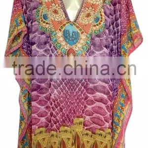 Purple Digital Crystal Embellished Kaftan CAFTAN Tunic Poncho Blouse thumbnail-2