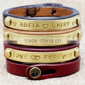 Metal Logo Tag Leather Bracelet Bangle Custom Letter Stamped Charm Leather Bangle Bracelet Promotion Leather Bracelet thumbnail-1