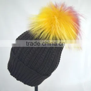 Myfur Black Color Unisex Winter Woolen Beanie With Fur Pompom Top thumbnail-5