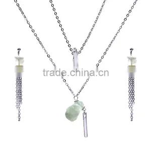 Fashion Gold Jewelry Chain Layered Gemstone Pendant Necklace Earring Set thumbnail-3