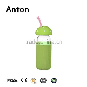 13oz Clear Round Empty Glass Water New Design Glass Water Bottle With Mushroom Shape Lid thumbnail-3
