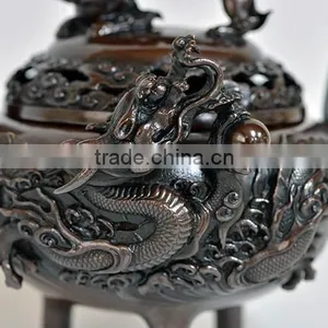 Japanese and Luxury Dragon and Bamboo Design Metal Candle Holder , Vase , and Incense Burner Set Made in Japan thumbnail-5