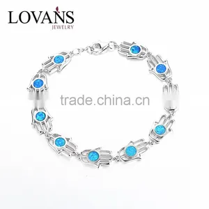 925 Sterling Silver Blue Opal Hamsa Hand Shape Bracelet SBI160W thumbnail-1