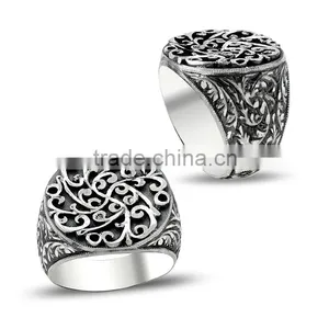 925K Sterling Silver Art Design Carved Turkish Men Round Ring Handmade thumbnail-1