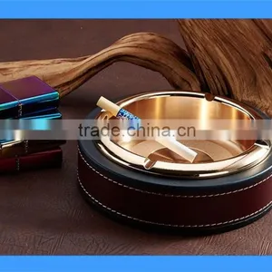 DCA009115G Golden Color Stainless Steel Table Ashtray With Leather Wrapped, Round Metal Ashtray With Leather thumbnail-1
