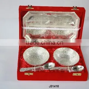 Silver Plated Brass Bowl Two Bowl With One Square Tray and Two Spoons in a Velvet Box thumbnail-1