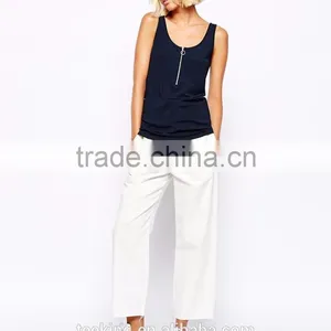 Fashion Navy Color Ladies Zip Front Plain Tank Top thumbnail-2