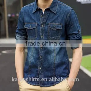 Mens Denim Shirt Long Sleeve Washed Denim Shirts Two Pockets Denim Shirts thumbnail-1