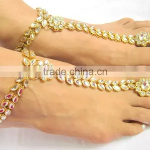 KUNDAN GOLD PAYAL Anklets Pair Toe Ring Barefoot Sandal thumbnail-1