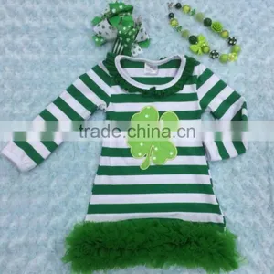 Baby Girls Shamrock Dress st Patrick Girls Cotton Dress With Matching Chunky Necklace and Bow Set thumbnail-1