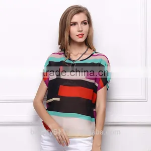 Chromatic Stripe Batwing Coat Rainbow T-shirt Irregular Rainbow Striped Chiffon SD93 thumbnail-1