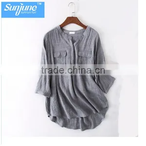 High Quality Womens Long SleeveCotton and Linen Plain Gray Casual Blouse thumbnail-1