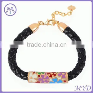 Red Leather Band With Fake Cloisonne Enamel Metal Clip Bracelet thumbnail-5