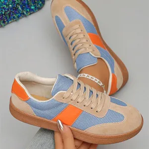 Buckskin Leopard Patchwork Lace Up Flat Sneakers White Mesh Color Block Patchwork Lace-up Sneakers Wholesale Women Running Shoes thumbnail-5