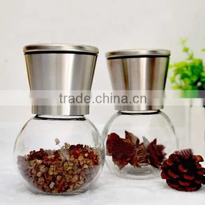 Unique Design Brushed Stainless Steel and Glass Salt and Pepper Grinder Set Large Capacity Round Glass Body thumbnail-1