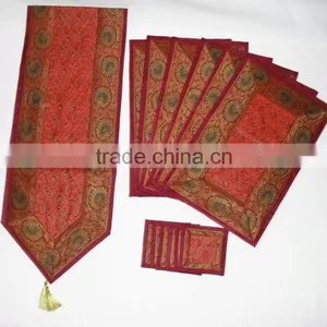 Indian Silk Table Runner With 6 Place Mats & 6 Coaster in Maroon Color Size 16*62 thumbnail-1