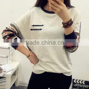 2016 Korea Fashion New Women's Long Sleeve TShirt Loose Patchwork Cotton Tops Lady Casual Blouse thumbnail-1