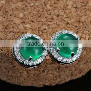 Silver Stering Natural Jade With Paving Setting Ear Studs for Women thumbnail-3