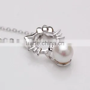 925 Sterling Silver Chain Cat Style Charm Natural Pearl Pendent Necklace thumbnail-3