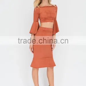 Ladies Designer Skirt Suits off Shoulder Flared Sleeve Crop Top and Tight Fishtail Skirt thumbnail-3