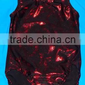 Clearance Gymnastics Leotards Dance and Short Set in Limited Sizes - Red Holographic Semi Circles on Black Backround thumbnail-2