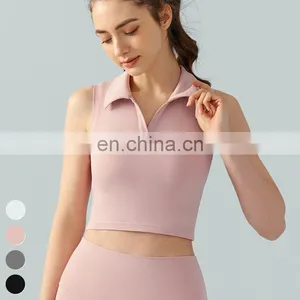 Custom Logo Fixed Pad Vest Slim Thin Breathable Fitness Running Crop Tops Lapel Sleeveless Sports Top Yoga Tank Top For Women thumbnail-3