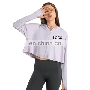 Custom Logo Rashguard Women Sports Clothes Ladies Beach Anti-UV Zip UP Hooded Blouse Thumb Hole Long Sleeve Sunscreen Top thumbnail-1