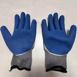 Thicked Grey Polyester 7 Gauge Knitted White Smooth Latex and Blue Foamed Sandy Latex Palm Double Coated Safety Work Gloves thumbnail-2