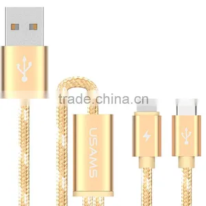 USAMS SJ046 1.2M Nylon Braided 2in1 Cable for Iphone 6/6s/6s Plus 2.1A USB Metal Weave Charging Data Cable for Type-c Device thumbnail-3