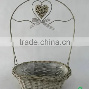 Decorative Wicker Heart Oblong Basket With KD Metal Handle and Ribbon Bow thumbnail-2