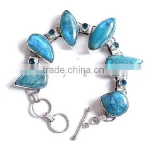 Green Moonstone With Blue Topaz , Gemstone Jewelry, Silver Bracelet thumbnail-1