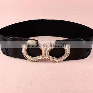 Wholesale Pearl and Rhinestone Inlaid Buckle Sex Women Lady Wide PU Waist Belt thumbnail-3