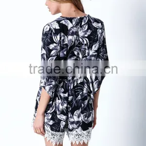 Deep V-neck Half Sleeve Tropic Bloom Crochet Wrap Romper Print Short Jumpsuit thumbnail-4