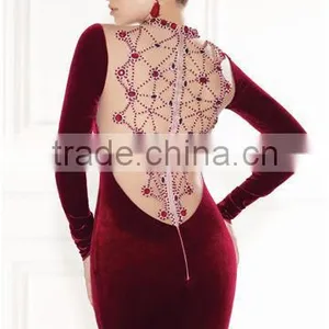 Wine Mermaid Long Sleeve Velvet Evening Dresses Bridesmaid Dress thumbnail-3