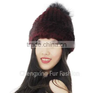 CX-C-239G Women Fashion Fox Fur Pom Pom Winter Knitted Mink Fur Hat And Cap thumbnail-3
