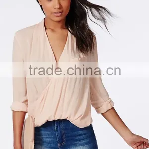 100% Polyester Wrap Over Nude Women Blouse for Middle Aged Women thumbnail-2
