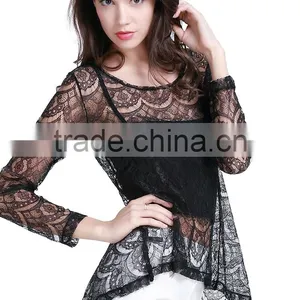Women's New Style Black Sexy Lace Short Front Long Back Wavy Strip Two Piece Shirt thumbnail-1