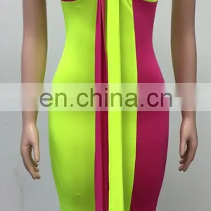 Summer Women Elegant Two Color Patchwork Tie Up V-neck Bodycon Midi Pencil Dress Night Club Sexy Party Dresses Vestidos 3 Colors thumbnail-1