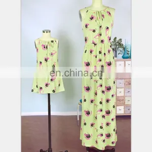 2019 Mommy and me Clothing Knit Cotton Little Girls Green Floral Printed Baby Summer Dresses thumbnail-3
