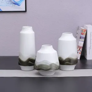 Trapezoid Cylinder White Green Ink Color Cover Small Ceramic Vase, Office Home Furnishing thumbnail-4
